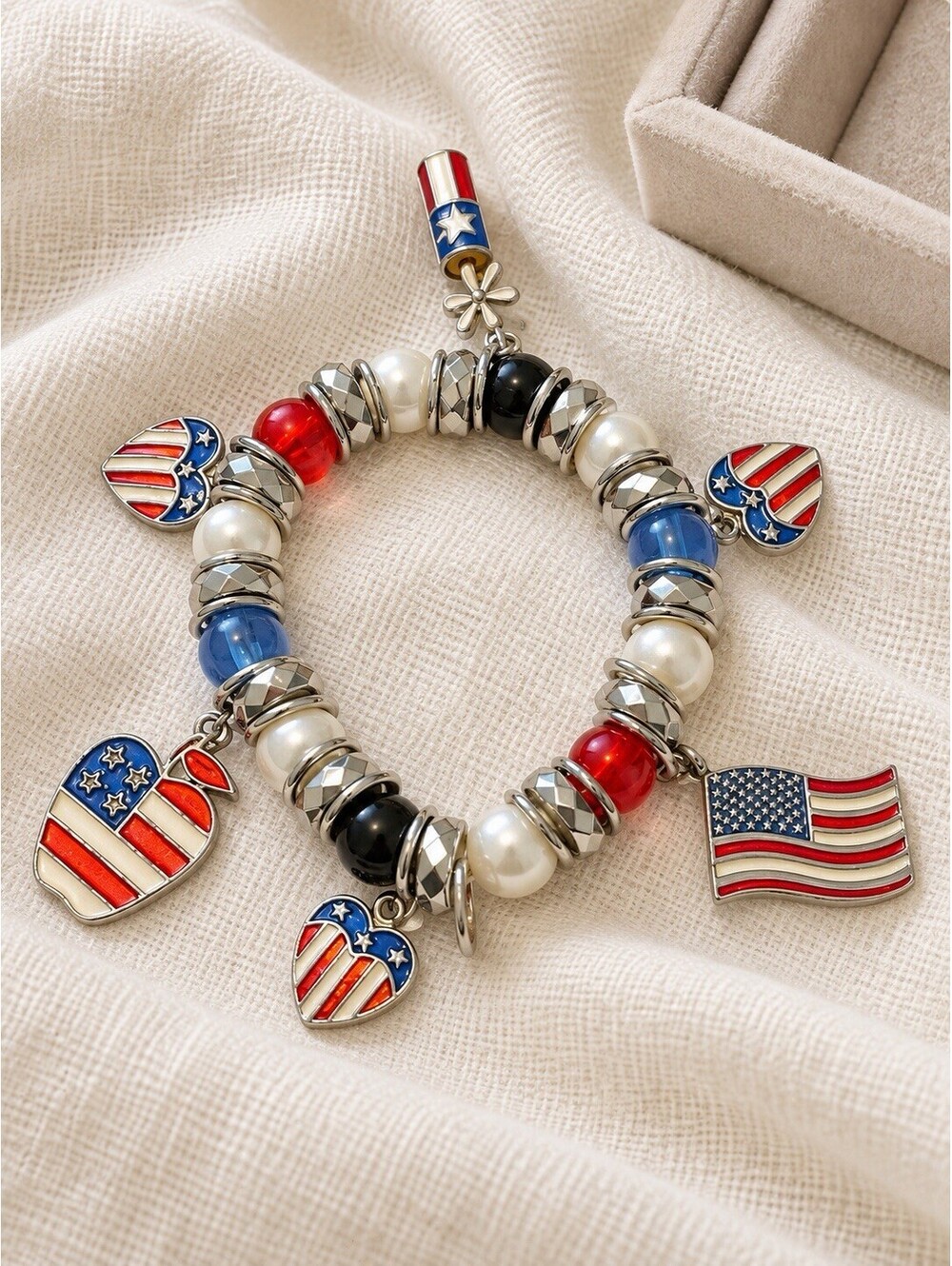 Patriotic USA Charm Bracelet Red White Blue Hearts & American Flag